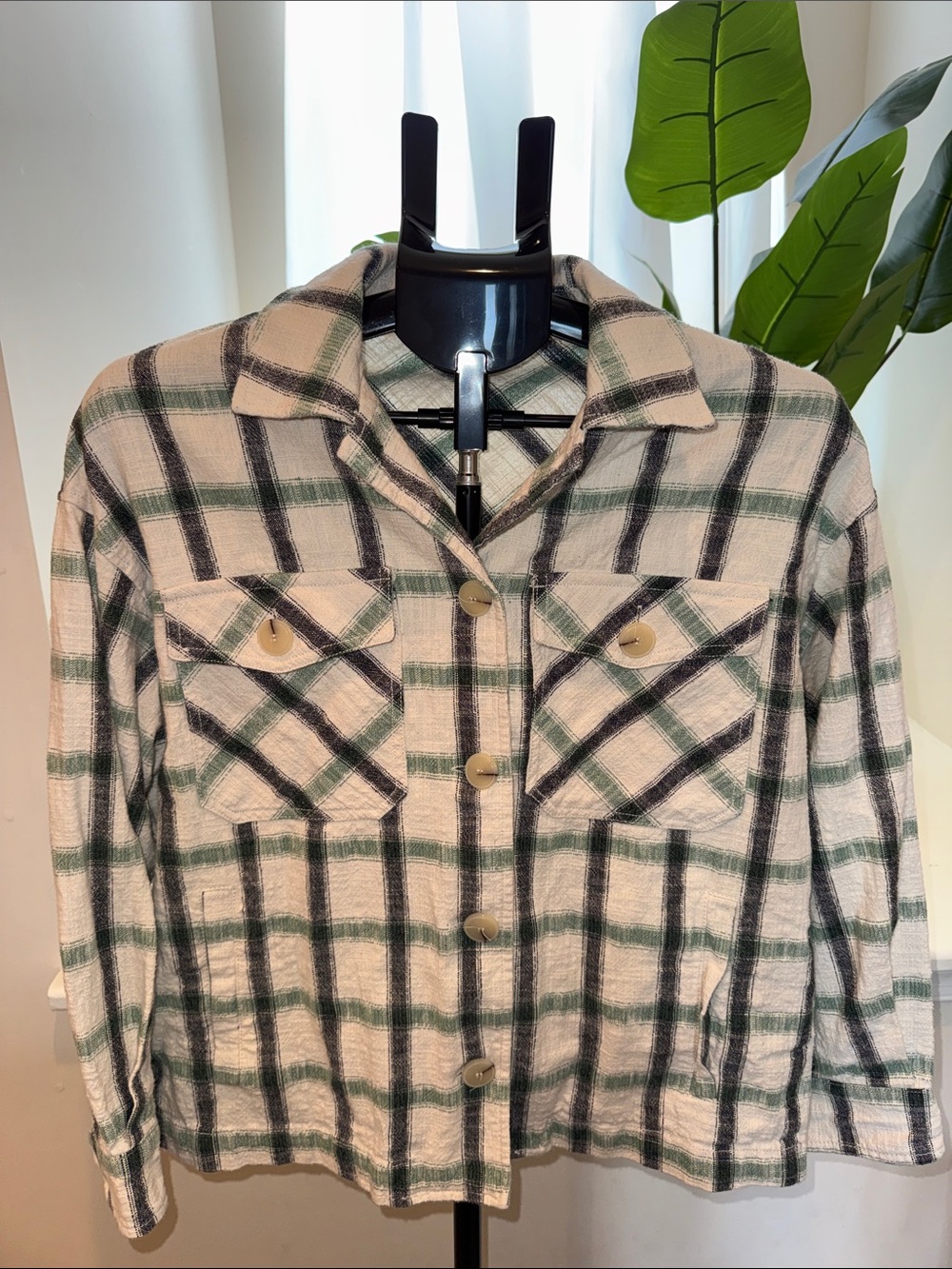 Zara Cream, Green & Blue Plaid Button-Down Shirt